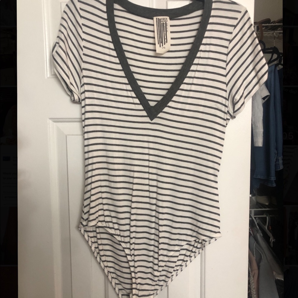 Free People Large Grey and White Striped Bodysuit